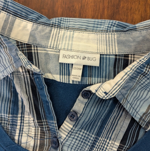 Fashion Bug Layered Blue Pullover with Plaid Shirt Detail Women's Size 22/24 - Picture 6 of 6